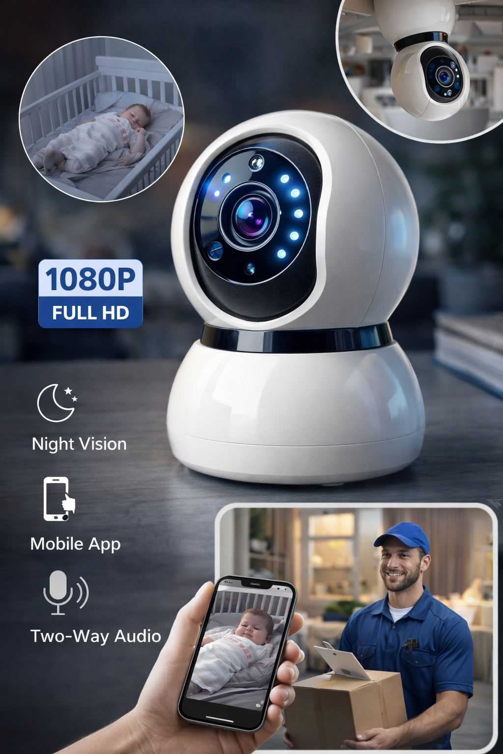 1080P Smart WiFi Security Camera – Night Vision &amp; Two-Way Audio (Indoor)