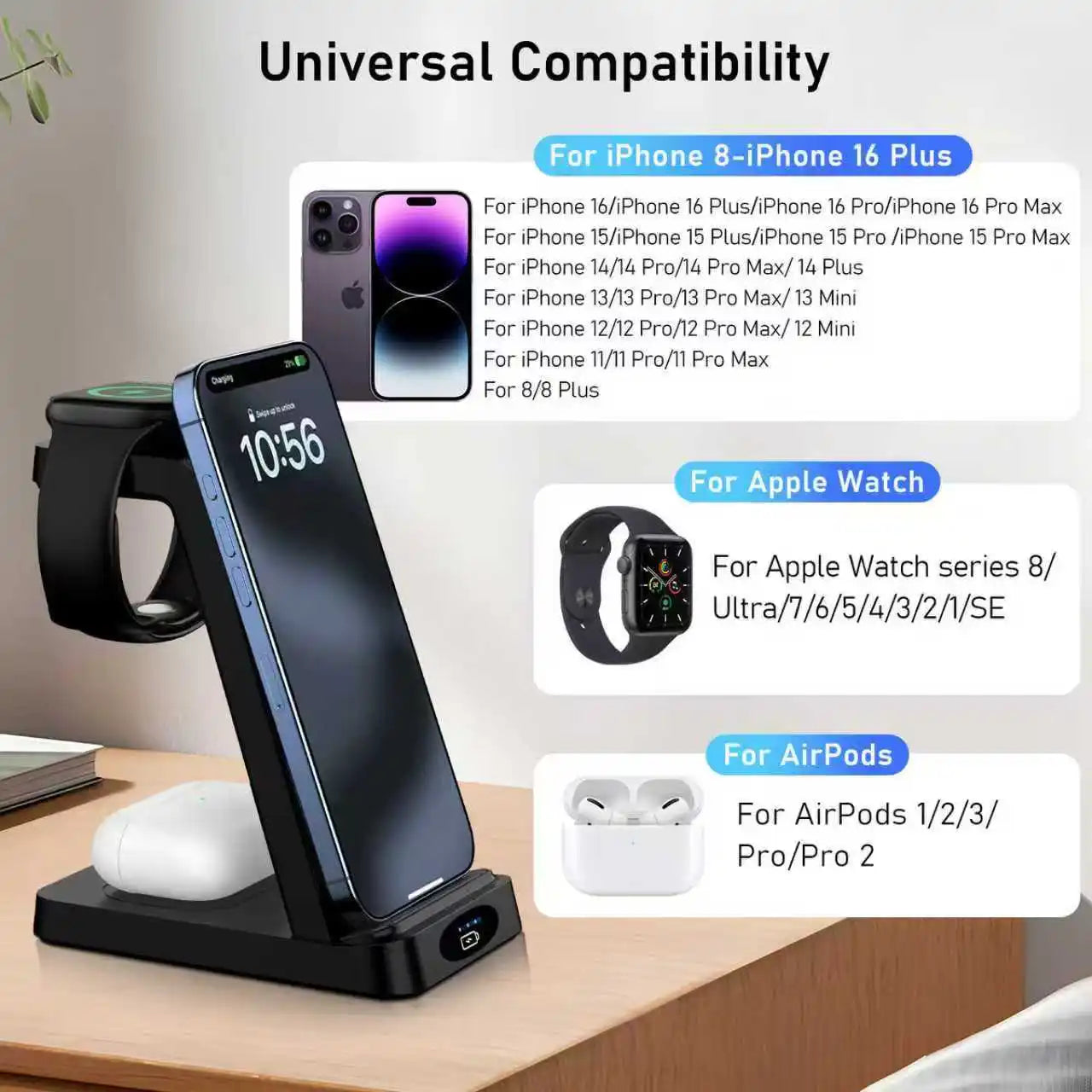 3-in-1 Fast Wireless Charging Station for iPhone, Apple Watch & AirPods